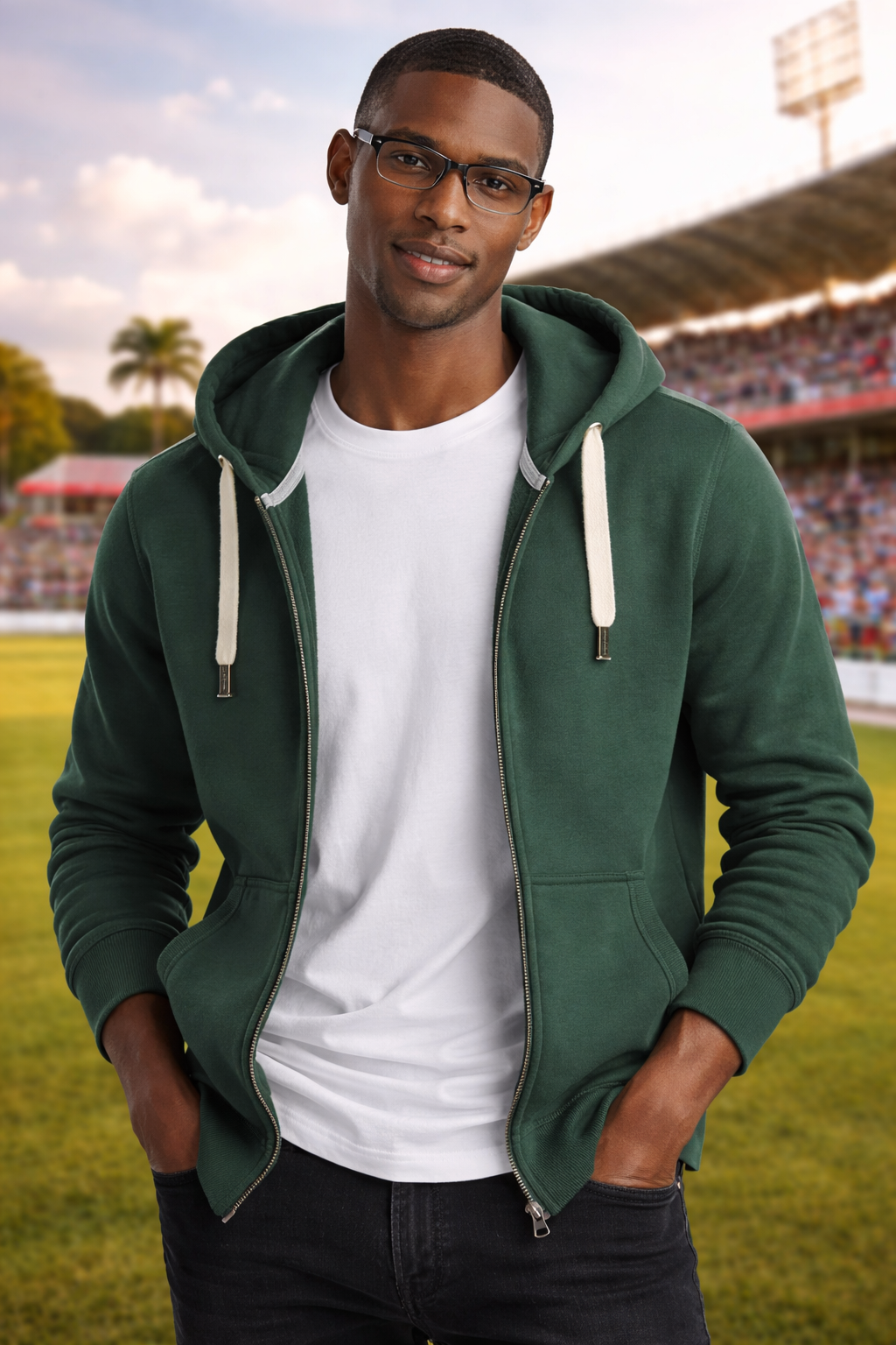 Man wearing a green hoodie and white shirt on a sports field
