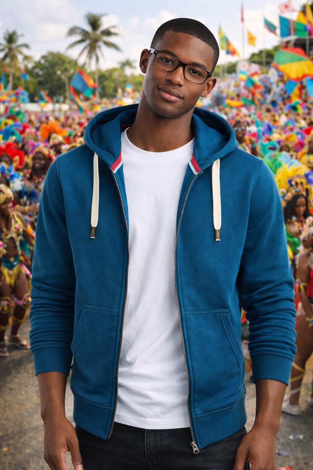 Man wearing a blue hoodie with a colorful crowd in the background