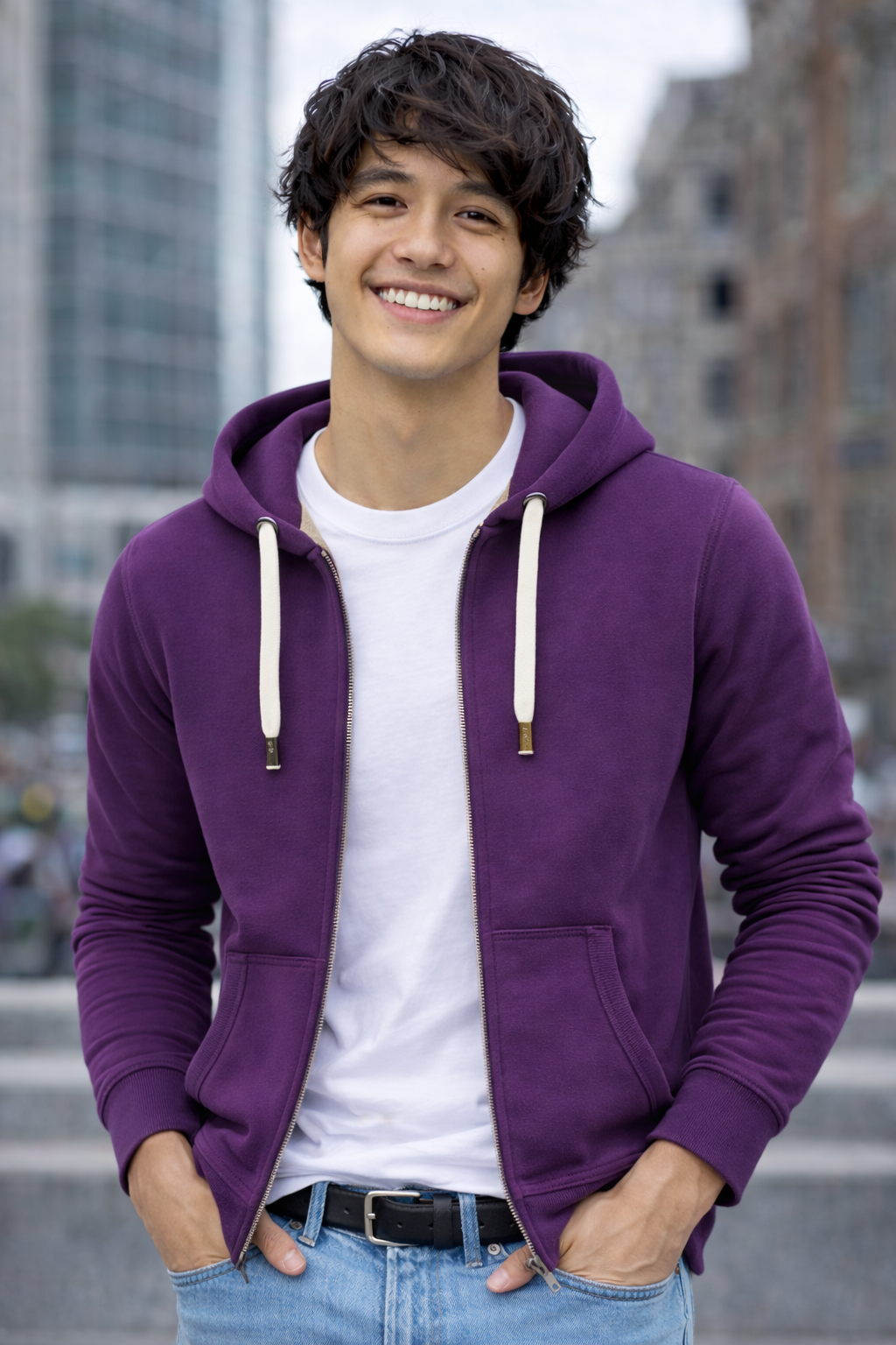 Person wearing a purple hoodie with a blurred cityscape background