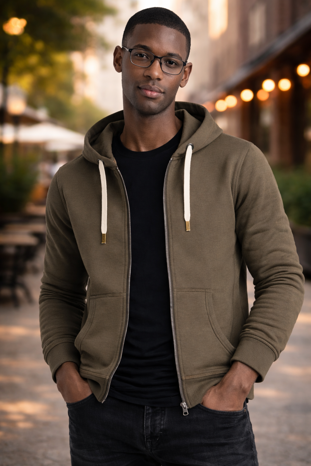 Man wearing a brown hoodie with white drawstrings in an outdoor setting