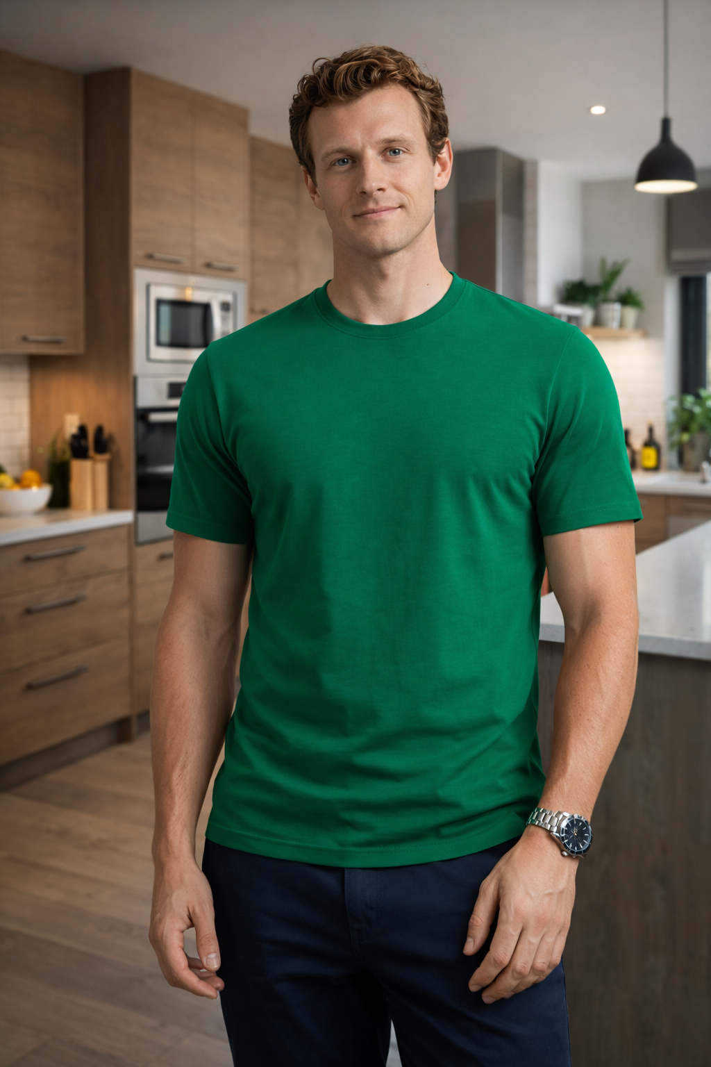 Man wearing a green t-shirt in a kitchen setting