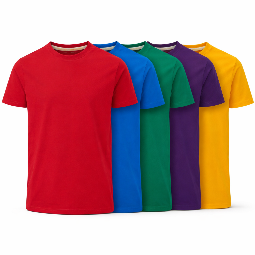 Five colorful t-shirts in red, blue, green, purple, and yellow on a white background.