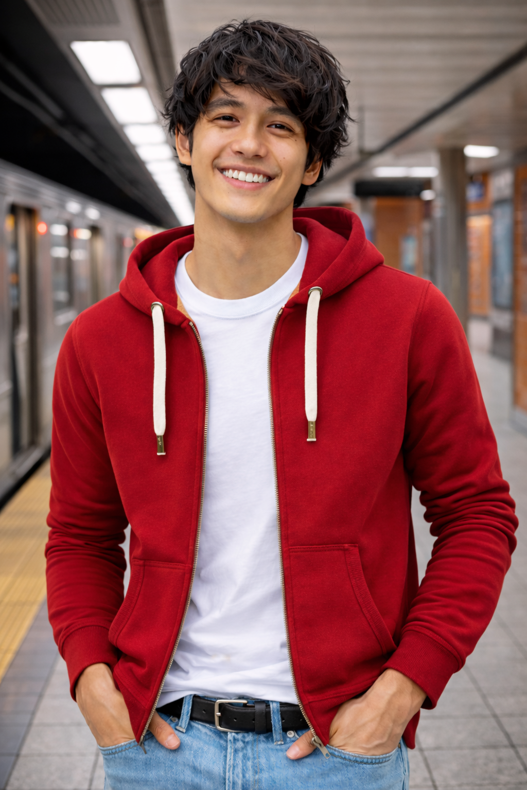 Person wearing a red hoodie and white shirt in an indoor setting