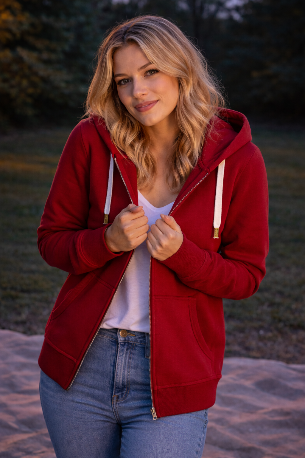 Woman wearing a red hoodie and blue jeans standing outdoors.