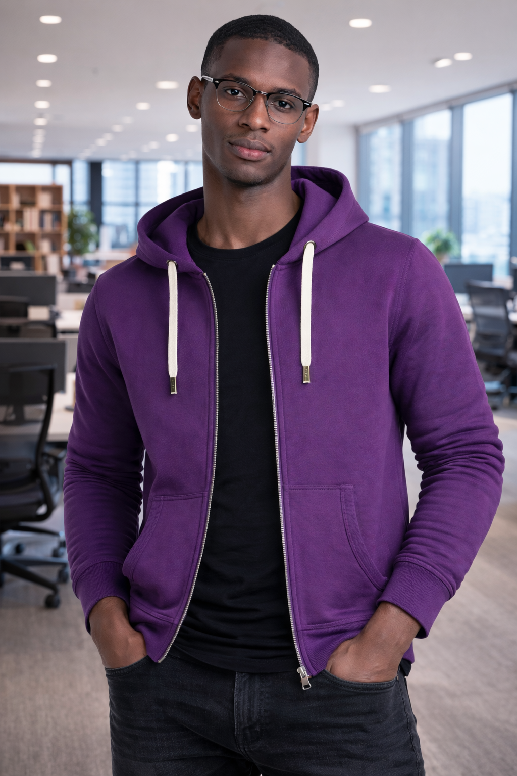 Man wearing a purple hoodie in an indoor setting
