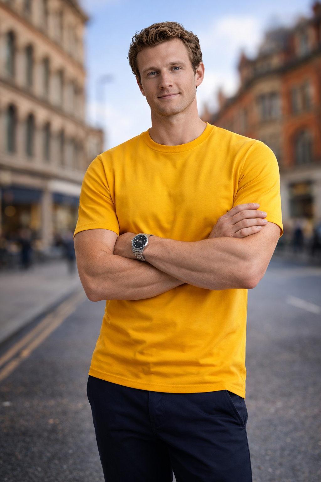 Man wearing a yellow shirt standing on a city street