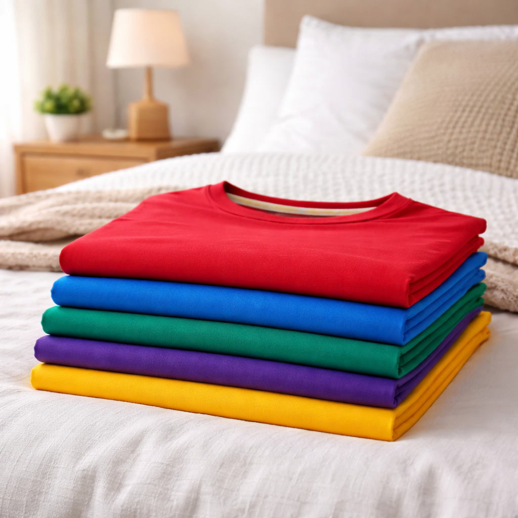 Stack of colorful folded shirts on a bed with a lamp and plant in the background